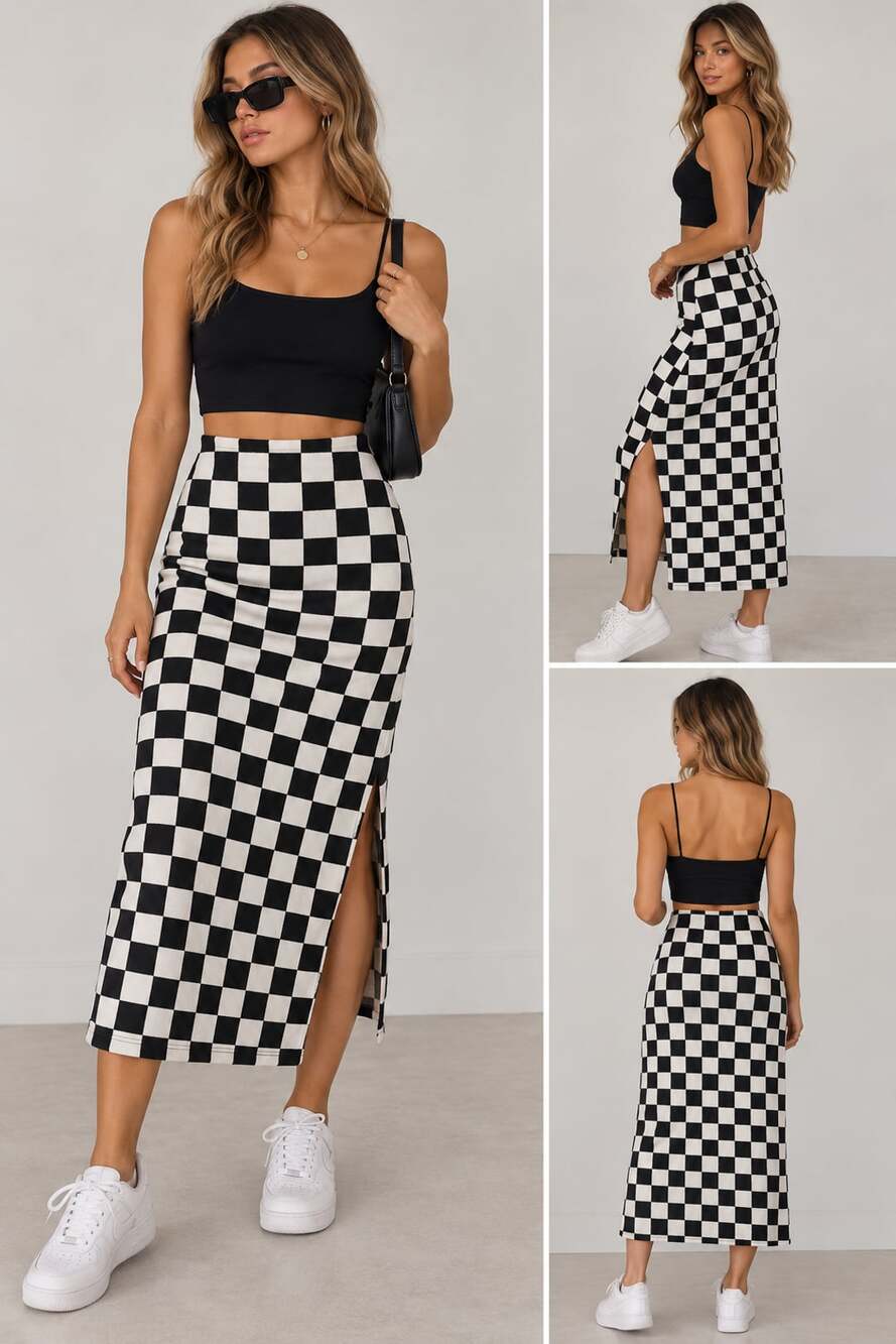 Jade by Jane Women's Black and White Checkered Midi Skirt with Side Slit